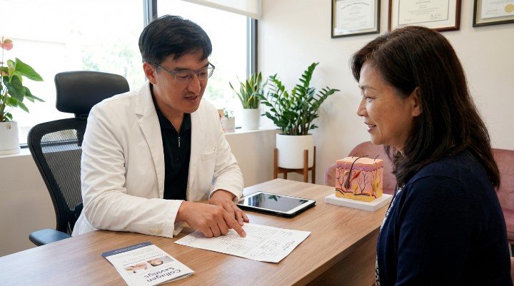 25歲後膠原蛋白流失與增生劑預防示意圖 膠原蛋白增生劑刺激纖維母細胞新生膠原 不同年齡層適合的膠原蛋白增生劑選擇 市面上主要膠原蛋白增生劑產品比較圖 吳紹琥醫師解釋預防性抗老的重要性