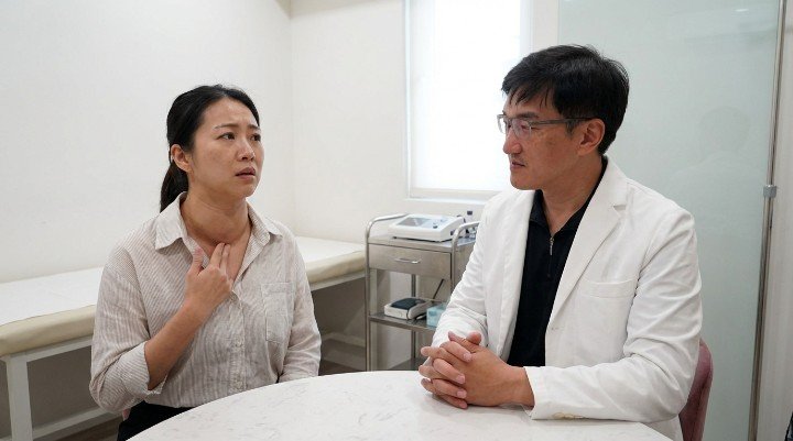 患有大脖子病的女性患者側面頸部腫大，顯示甲狀腺肥大情況。 醫師診斷大脖子病引發的眼睛突出症狀，解析葛瑞夫茲氏病的眼部影響。 提供適合預防大脖子病的低碘飲食管理圖示，強調飲食控制的重要性。 專業醫師為大脖子病病患進行甲狀腺超音波檢查，評估病灶。