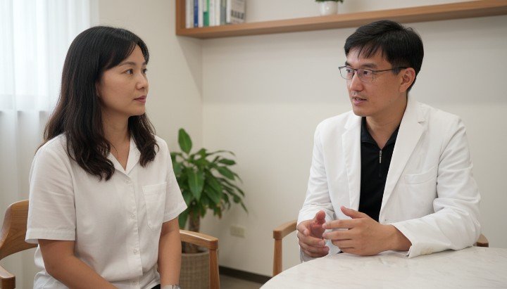 醫師展示基因檢測報告分析抗氧化力 顯微鏡下的細胞與基因檢測精準醫療 五顏六色的蔬菜與基因檢測營養建議 患者在診所進行基因檢測諮詢健康管理