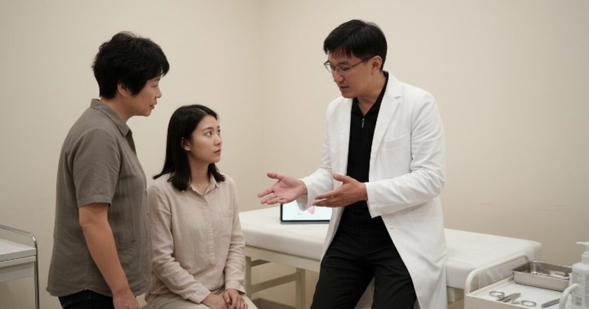 吳芮醫師在診所中與患者討論玻尿酸注射療程