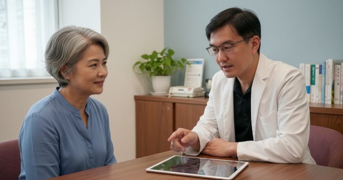 ILIB靜脈雷射治療過程的示意圖，展示醫師藉由雷射光線進行治療的動作。